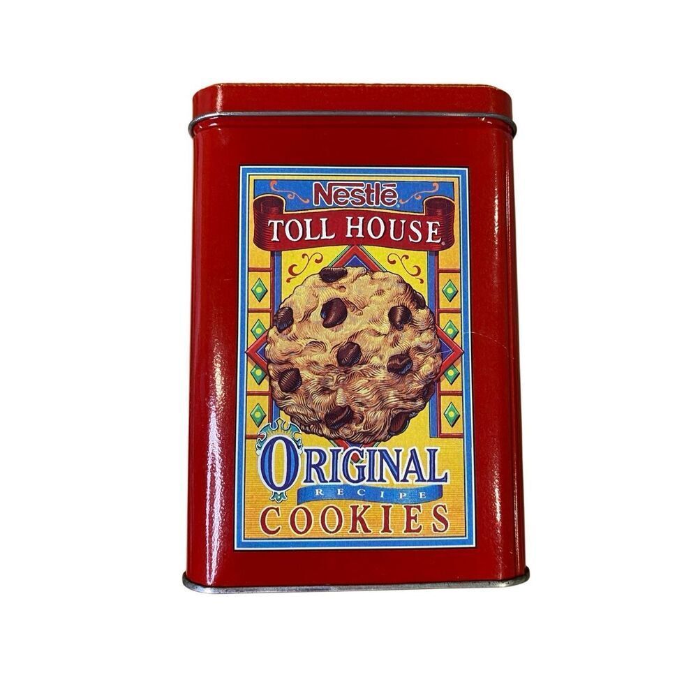 Nestle Toll House Cookie Tin Red Metal Storage Container Vintage Kitchen Decor